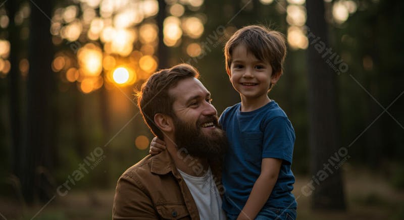 Image of a father and his young son smiling, hugging in a forest at sunset. Warm orange and yellow tones from the sun blend with the dark green of the trees. The scene is cozy and happy.