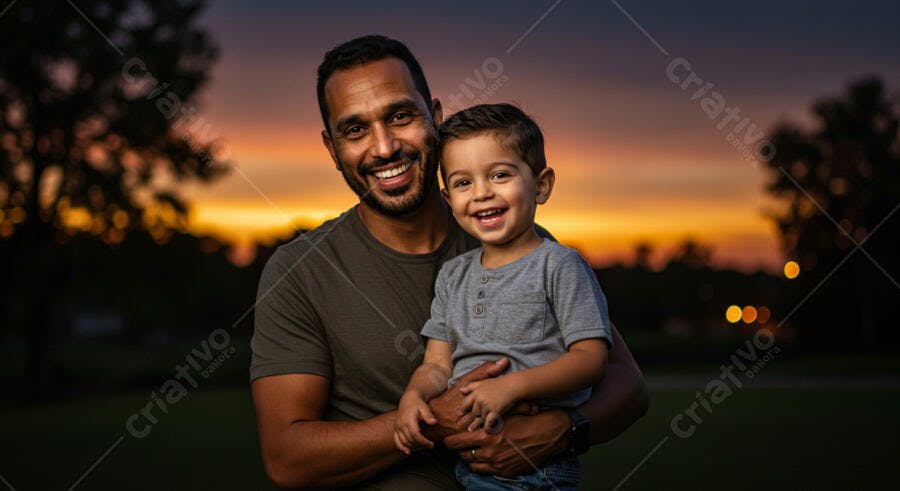 Pai e filho sorrindo ao entardecer