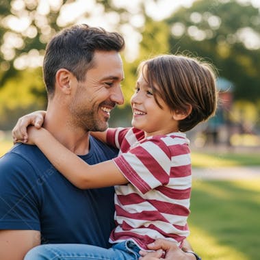 Image shows a father and his son smiling at each other in a park. The colors are warm and vibrant, with shades of green from the lawn and blue from the father's shirt. The mood is joyful and loving. The composition is close-up, focusing on their faces.