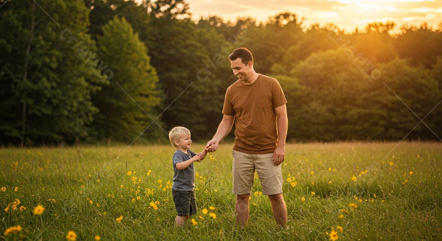 Pai e filho em campo florido ao entardecer