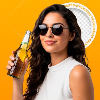 Image of a young brunette woman wearing sunglasses holding a cold beer bottle. Vibrant yellow background.  The image has a transparent background for easy editing. Modern summer style. Perfect for summer promotions.
