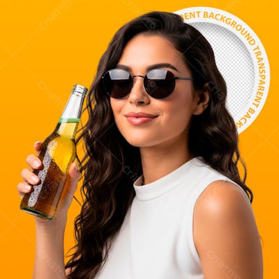 Mulher segurando cerveja sorrindo - png