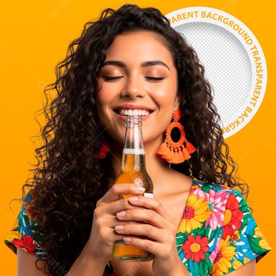 Mulher segurando cerveja sorrindo - png