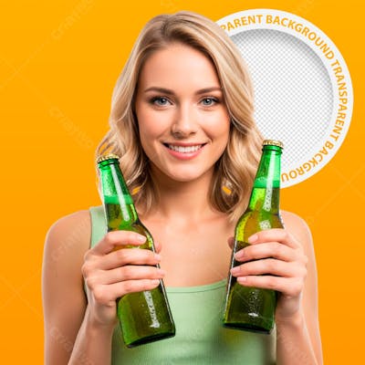 Mulher segurando cerveja sorrindo - png