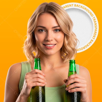 Mulher segurando cerveja sorrindo - png