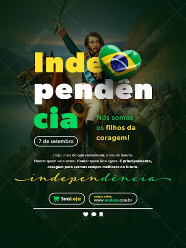 Green, yellow, and blue flyer celebrating Brazilian Independence Day. Features an image of Dom Pedro I on horseback, with a heart-shaped Brazilian flag. Perfect for businesses, social media, and patriotic events. Classic and elegant style.