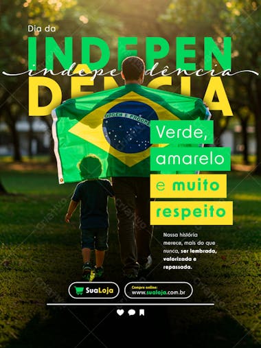 Green, yellow, and gold flyer featuring a father and son walking with the Brazilian flag at sunset. Perfect for social media, with a patriotic design and a message of respect for Brazilian history. Target audience: Brazilians, families.