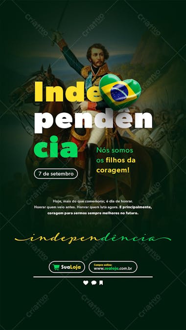 Green and yellow flyer featuring Dom Pedro I on horseback, perfect for celebrating Brazilian Independence Day. Patriotic and elegant design, suitable for social media or print. Target audience: Brazilian patriots.