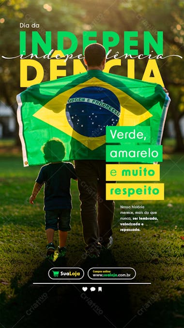 Flyer featuring green and yellow colors, depicting a father and son walking with the Brazilian flag in the background. Perfect for social media, with a patriotic and nostalgic style. Target audience: Brazilian families.