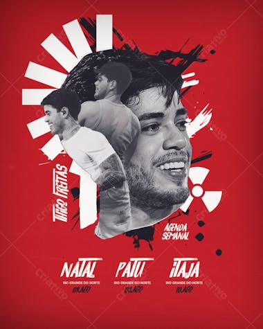 Vibrant red flyer with black and white photos of three men, modern and impactful style. Ideal for promoting concerts or music events, targeting young and adult audiences.
