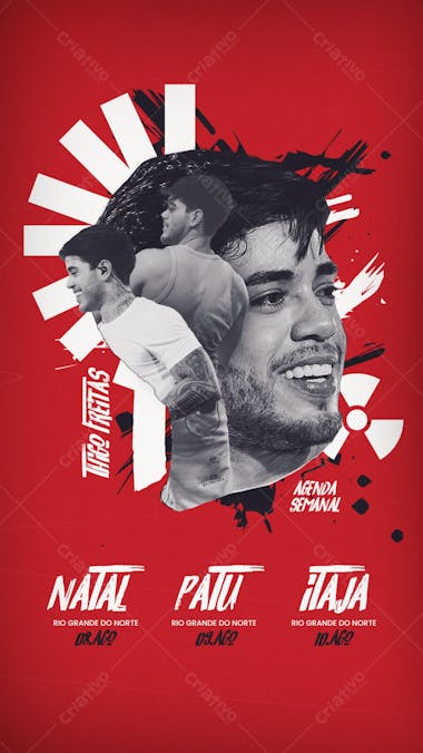 Red flyer with black and white photos of Thigo Freitas. Modern and impactful style, ideal for promoting sertanejo music shows. Target audience: sertanejo music fans.