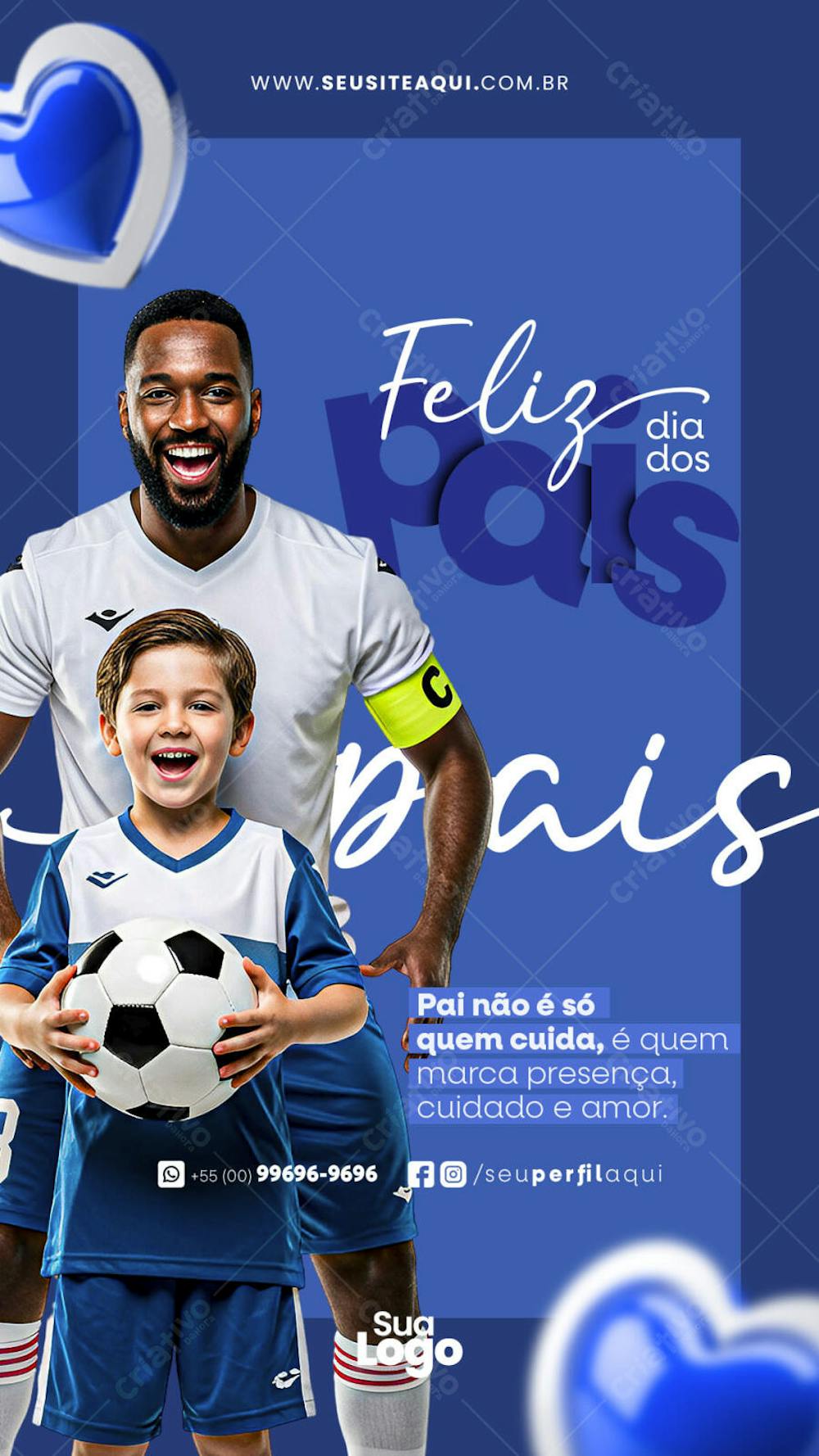 Blue Father's Day flyer featuring a Black father and son playing soccer. Vibrant colors, modern style, and heartwarming message. Perfect for social media and marketing.