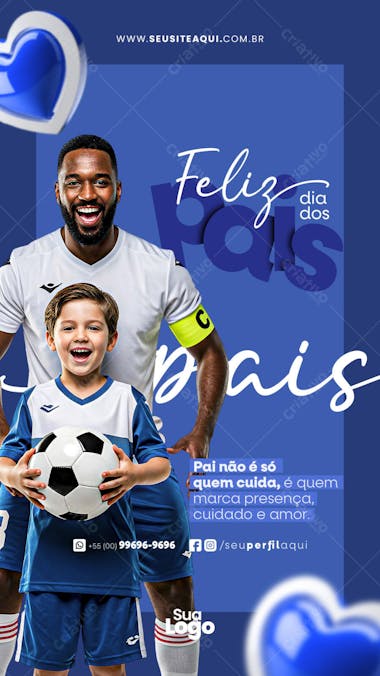 Blue Father's Day flyer featuring a Black father and son playing soccer. Vibrant colors, modern style, and heartwarming message. Perfect for social media and marketing.