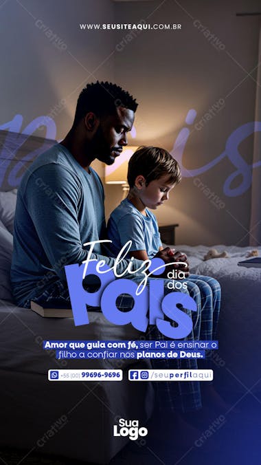 Father's Day flyer featuring a heartwarming scene of a Black father and son praying together in a dimly lit bedroom.  Purple and blue color scheme. Perfect for churches, pastors, and fathers seeking to express faith and love. Create impactful social media posts.
