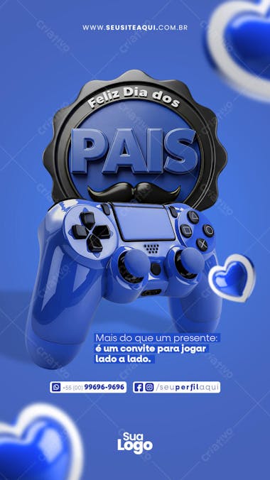 Modern and stylish design in shades of blue, featuring a video game joystick and a celebratory seal. Perfect for social media promotion, email marketing, or print. Target audience: gamer dads.