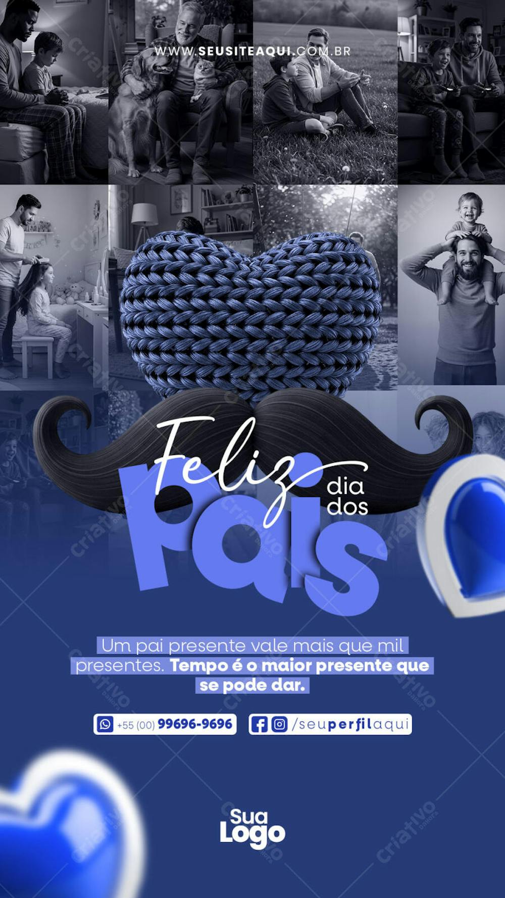 Modern and minimalist Father's Day flyer template in blue and white. Black and white images of fathers and children create a heartwarming atmosphere. Perfect for businesses wanting to celebrate fathers.
