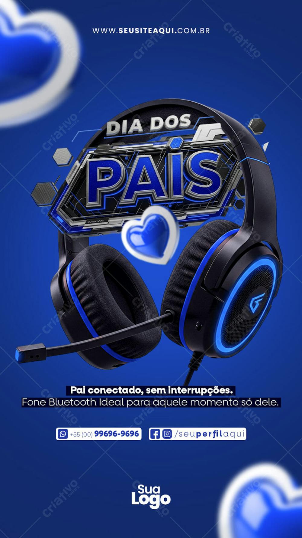 Modern and elegant Father's Day flyer featuring Bluetooth headphones. Blue and black color scheme, futuristic and technological style. Perfect for electronics stores, e-commerce businesses, and digital campaigns.