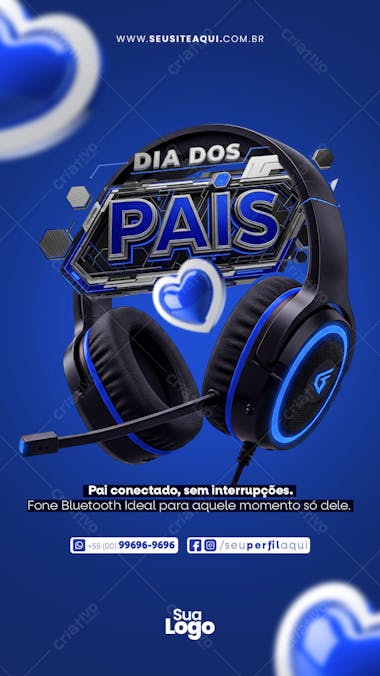 Modern and elegant Father's Day flyer featuring Bluetooth headphones. Blue and black color scheme, futuristic and technological style. Perfect for electronics stores, e-commerce businesses, and digital campaigns.