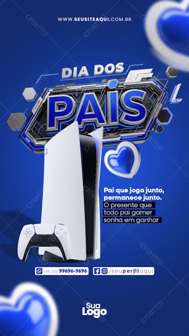 Modern and elegant Father's Day flyer design in blue and white tones. Features a Playstation 5, controller, and a blue heart. Perfect for electronics stores, game shops, and gift stores targeting gamer dads.