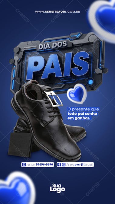 Modern and stylish Father's Day flyer design in shades of blue and black. Features men's shoes, wallet, and tech elements. Perfect for shoe stores, gift shops, and e-commerce businesses.