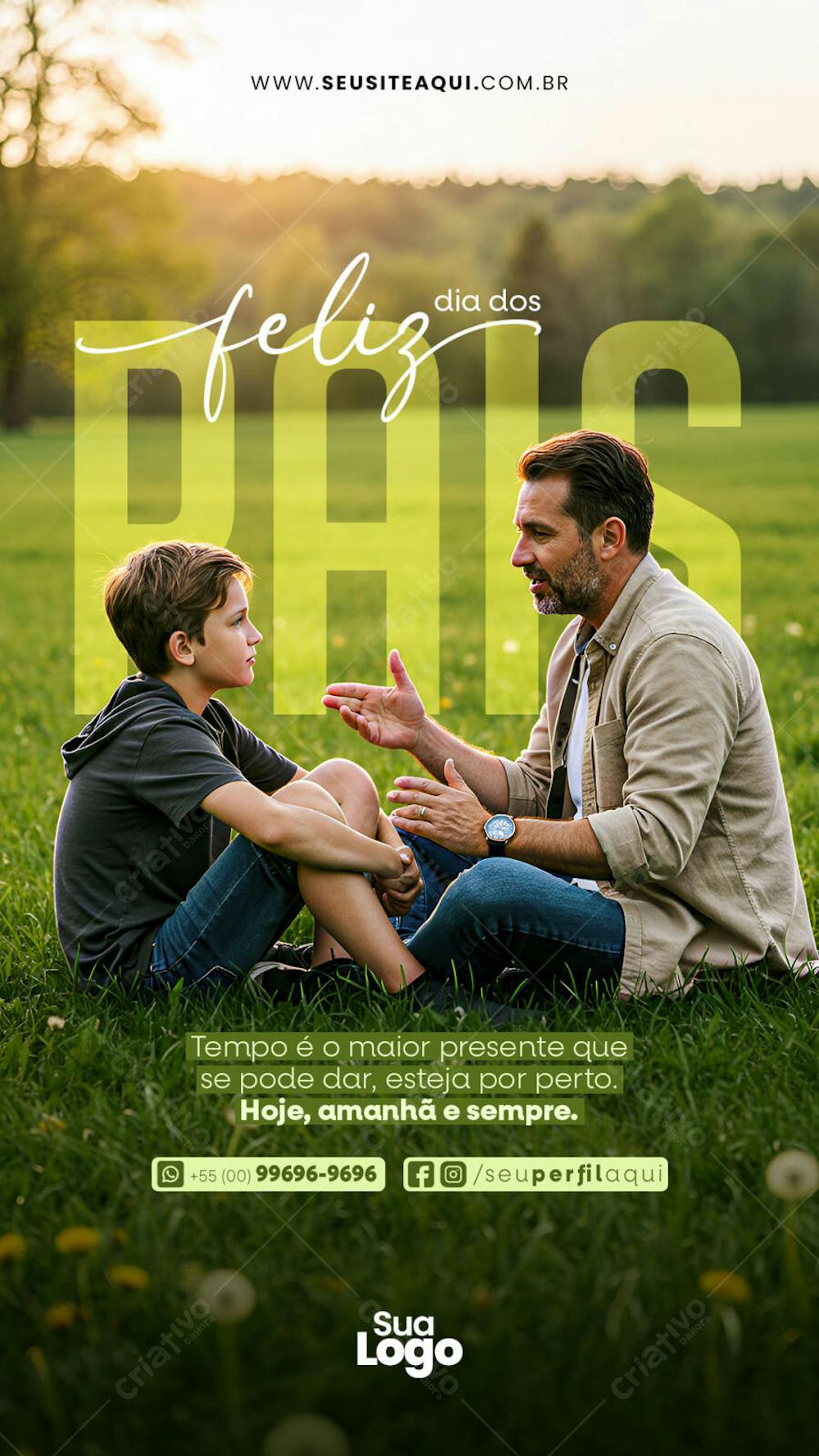 Father's Day flyer template with warm earth tones. Features a heartwarming image of a father and son sitting on a grassy field. Perfect for businesses to honor fathers in their campaigns.