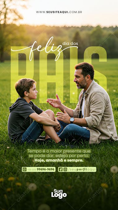 Father's Day flyer template with warm earth tones. Features a heartwarming image of a father and son sitting on a grassy field. Perfect for businesses to honor fathers in their campaigns.