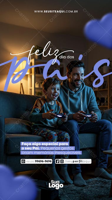 Modern and cozy flyer in blue and purple tones, featuring a father and son playing video games. Perfect for promoting Father's Day deals or heartfelt messages. Target audience: businesses and individuals.