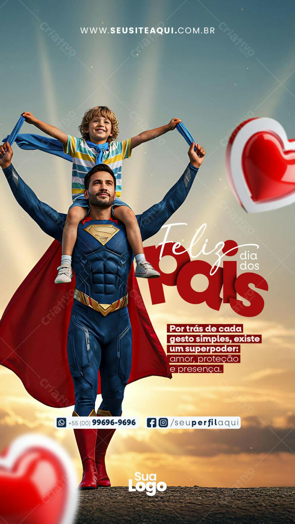 Vibrant Father's Day flyer design featuring a superhero theme. Predominantly red and blue colors, showcasing a father and son. Perfect for social media and print marketing, targeting businesses and families. Download now!