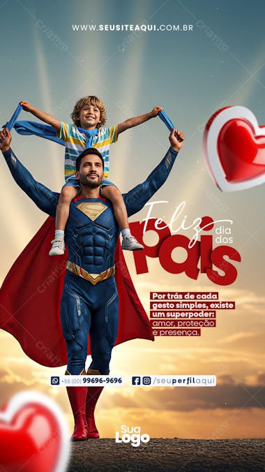 Vibrant Father's Day flyer design featuring a superhero theme. Predominantly red and blue colors, showcasing a father and son. Perfect for social media and print marketing, targeting businesses and families. Download now!