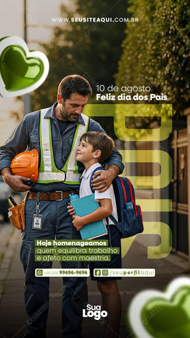 Father's Day flyer featuring a heartwarming image of a father and son.  Green and yellow color scheme. Perfect for businesses honoring hardworking fathers. Target audience: businesses, corporations, and agencies.