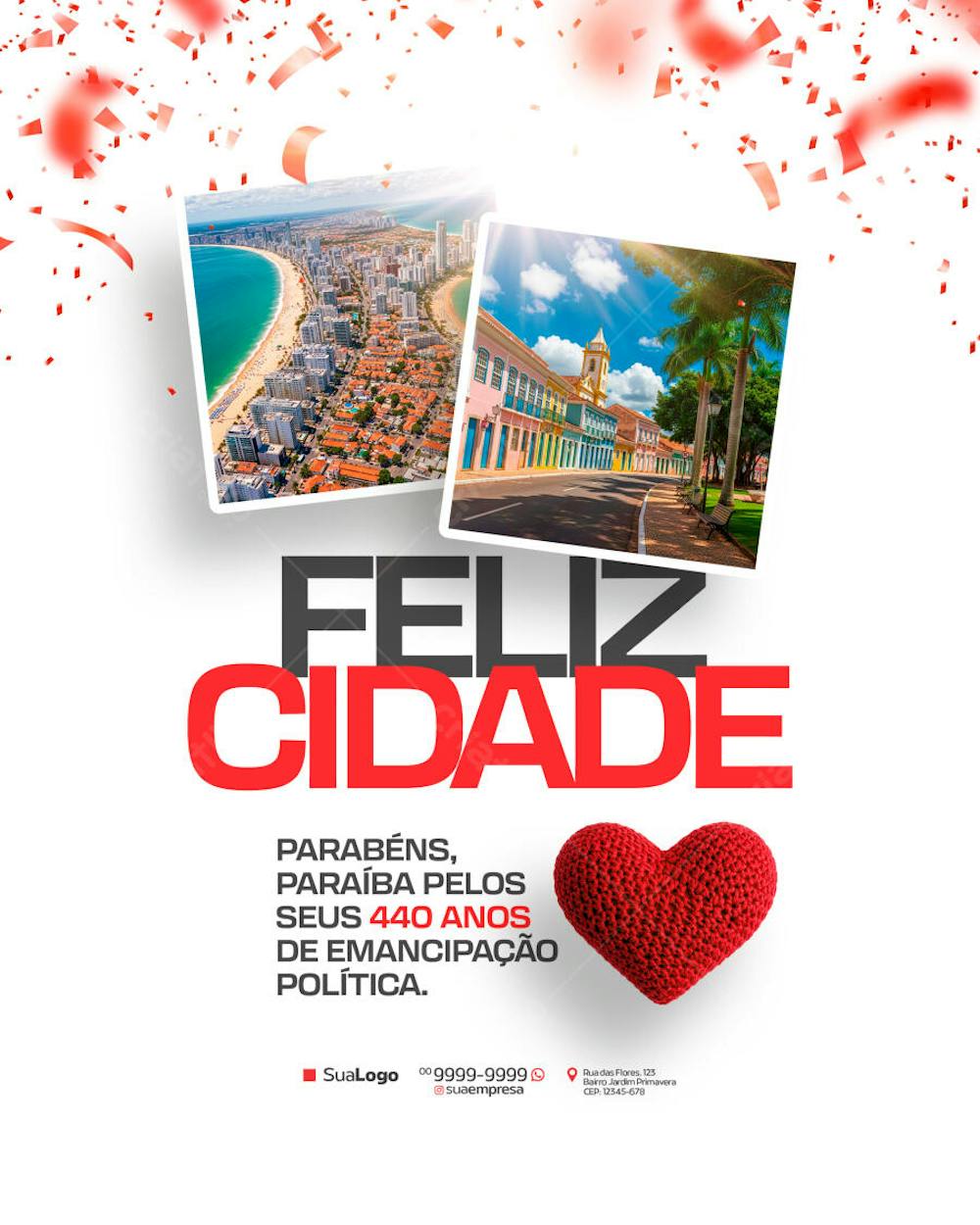 Vibrant city anniversary flyer featuring photos of Paraíba, featuring red and white color scheme, modern and clean style. Perfect for businesses and organizations celebrating a city’s birthday. Target audience: general public, local businesses.