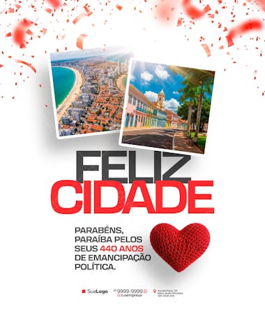 Vibrant city anniversary flyer featuring photos of Paraíba, featuring red and white color scheme, modern and clean style. Perfect for businesses and organizations celebrating a city’s birthday. Target audience: general public, local businesses.
