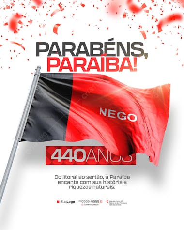 Commemorative flyer for Paraíba's 440th anniversary, featuring vibrant red and black colors, a waving flag, and confetti. Modern and elegant design, suitable for social media and print. Target audience: Government, businesses, and the people of Paraíba.