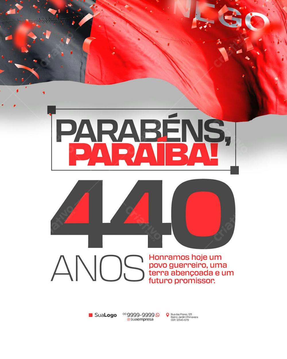 Commemorative flyer celebrating Paraíba's 44th anniversary, featuring a modern design with vibrant red and gray colors. Perfect for social media and print marketing. Includes a stylized flag and celebratory message.