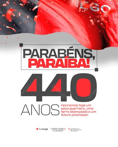 Commemorative flyer celebrating Paraíba's 44th anniversary, featuring a modern design with vibrant red and gray colors. Perfect for social media and print marketing. Includes a stylized flag and celebratory message.