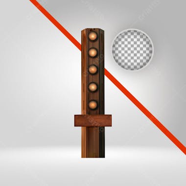 Vintage-style wooden post mockup with five yellow lights and a wooden sign for text.  Fully transparent background for easy editing and composition in your projects. Dark brown and yellow colors.