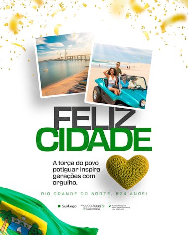 Vibrant flyer featuring beach, buggy, and bridge photos. Bright colors, cheerful and festive style. Perfect for celebrating a city's anniversary. Target audience: Tourism agencies, local governments and businesses.