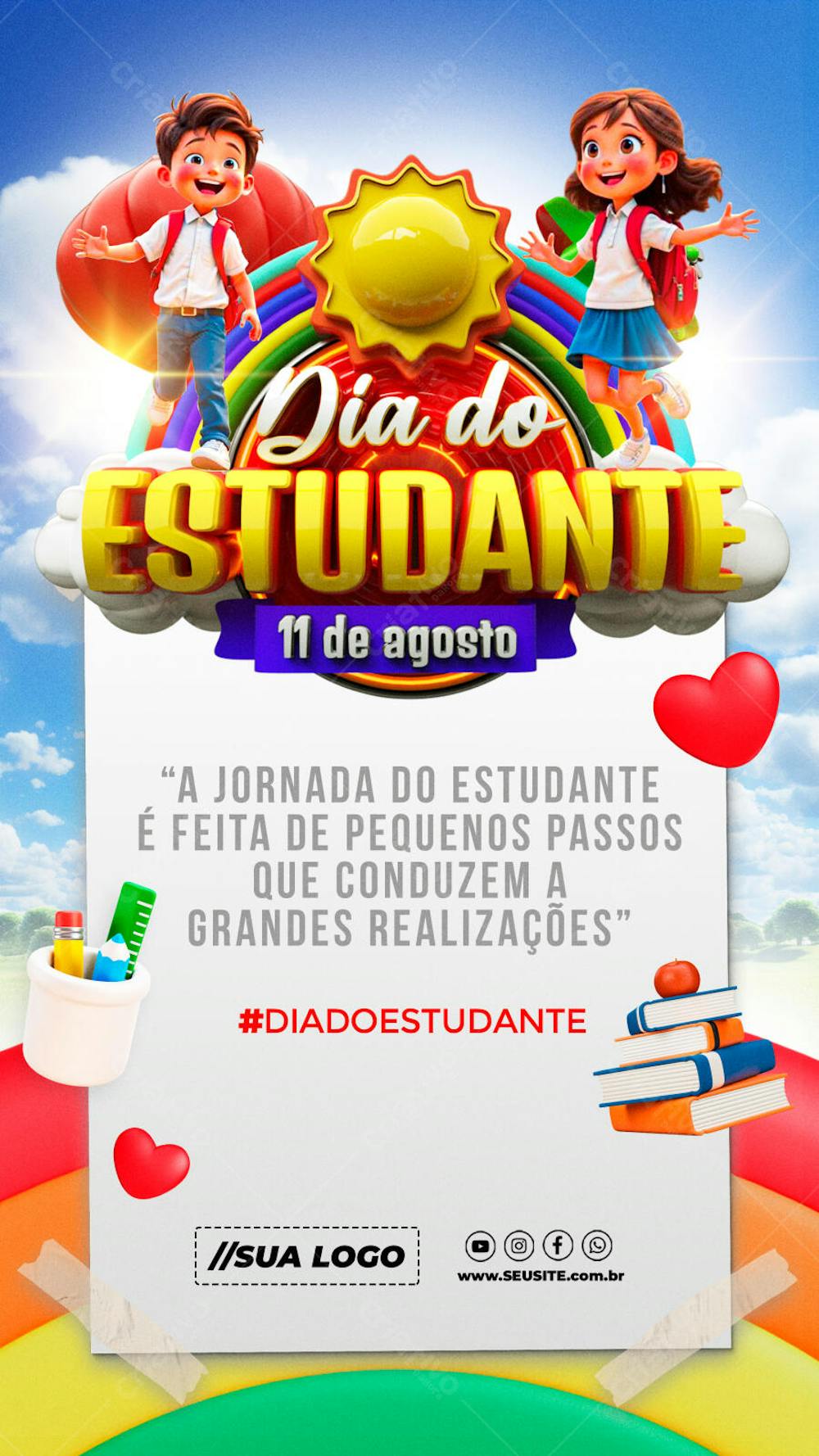 Vibrant and cheerful flyer for Student's Day, featuring bright colors like yellow, red, blue, and green. Cute 3D illustrations of student children in a sunny setting. Ideal for schools, colleges, and celebratory events.