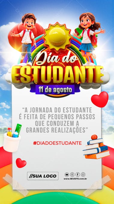 Vibrant and cheerful flyer for Student's Day, featuring bright colors like yellow, red, blue, and green. Cute 3D illustrations of student children in a sunny setting. Ideal for schools, colleges, and celebratory events.