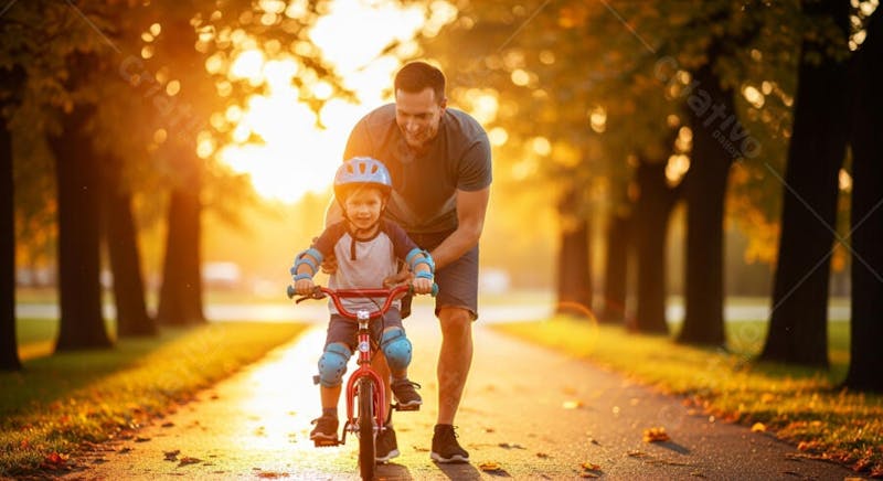 Image of a father and his young son in a park at sunset. Warm tones of yellow and orange dominate, with the sun setting in the background. The boy is on a red bike, wearing a helmet and knee pads. The atmosphere is sweet and heartwarming.