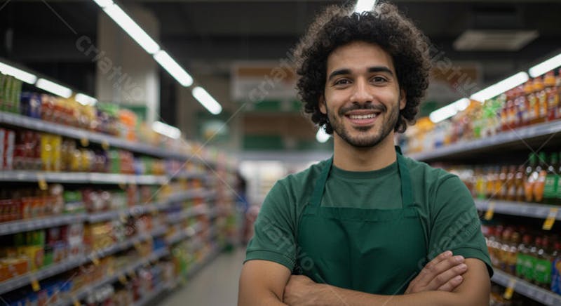 A young man of Arab descent, with curly hair and a beard, wears a dark green uniform and apron. Bright smile and crossed arms. Dark colors and warm tones. Blurred supermarket in the background.