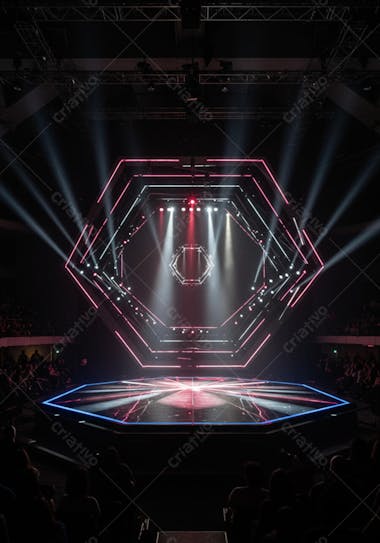 Image of a hexagonal stage with pink and white lighting. Light beams converge at the center, creating a futuristic and dramatic atmosphere. The stage is dark and the audience is seen in silhouettes.