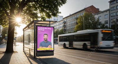 Mockup Realista de Parada de Ônibus com Homem Sorrindo