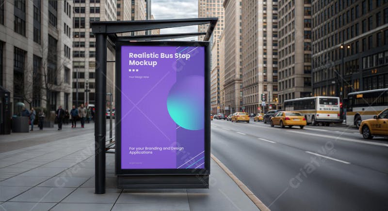 High-resolution mockup of a bus stop ad in a realistic city setting. Exterior perspective, purple and teal color scheme, modern and clean design. Features yellow cabs and city buildings. Perfect for high-quality branding and advertising designs.