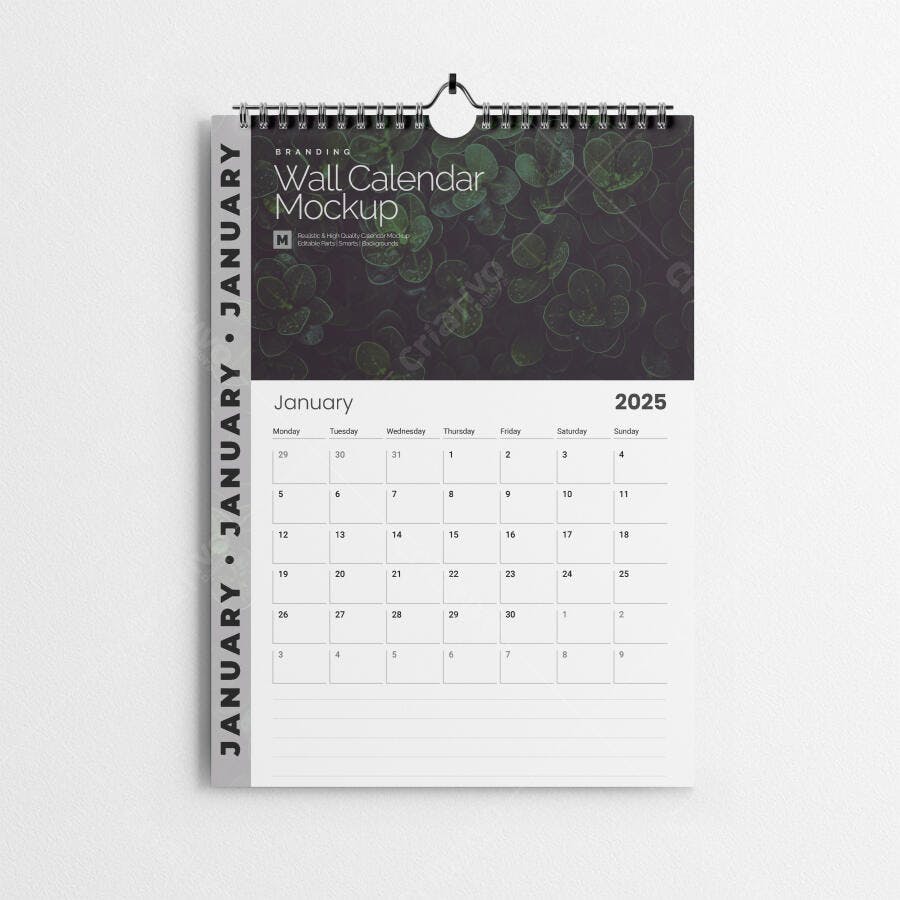 Mockup Calendário de Parede 2025: Design Moderno com Fotografia Botânica
