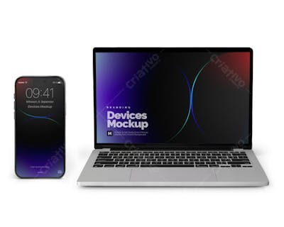 Mockup Realista de Notebook e Smartphone com Design Moderno