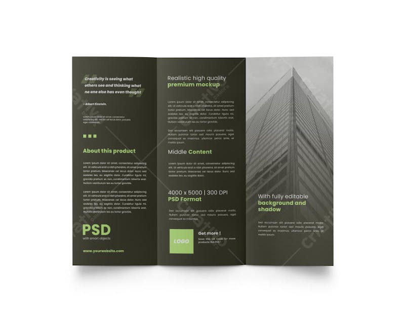 Realistic high-resolution mockup of a trifold brochure featuring dark green and gray tones.  Clean and modern design, ideal for showcasing corporate projects. Front perspective, realistic shadows.  Perfect for marketing and design presentations.