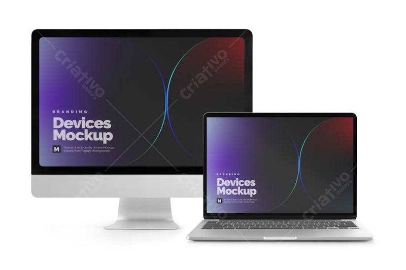 Mockup Realista de Notebook e Desktop com Design Moderno