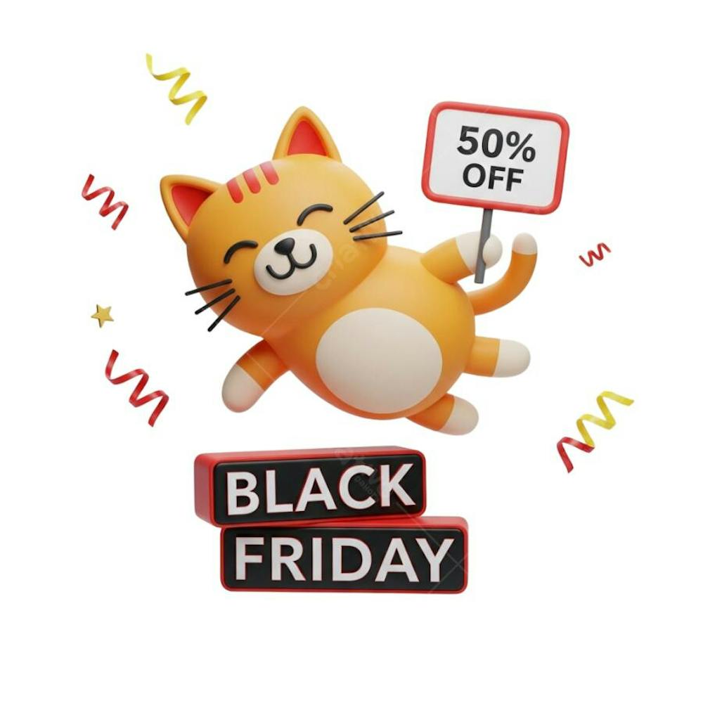 3D rendered cute orange cat announcing Black Friday sale with a 50% OFF sign. Vibrant orange and red colors. Fully transparent background perfect for overlaying on designs. Ideal for social media marketing.