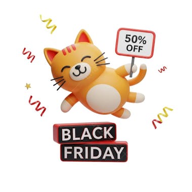 3D rendered cute orange cat announcing Black Friday sale with a 50% OFF sign. Vibrant orange and red colors. Fully transparent background perfect for overlaying on designs. Ideal for social media marketing.